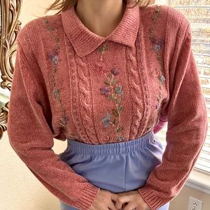 Med Alfred Dunner pink chenille embroidered vintage sweater with collar.